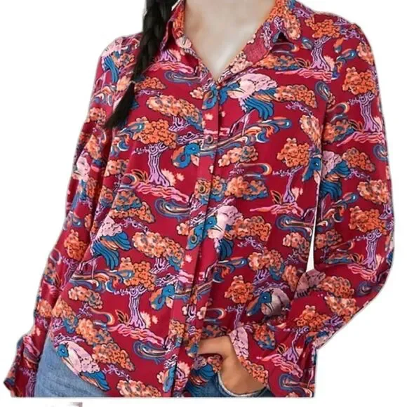 Anthropologie Maeve Darla Buttondown Shirt Vibrant Trees and Birds Size 8 - Picture 3 of 12